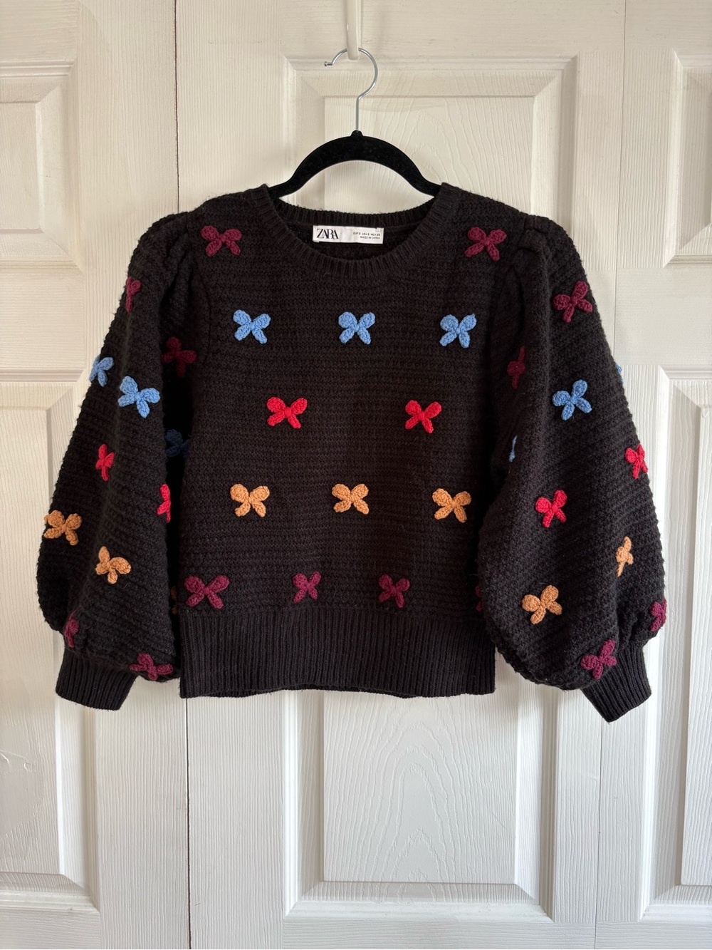Zara Favorite Things Chunky Knit Black Colorful Bows Sweater S Academia Teacher